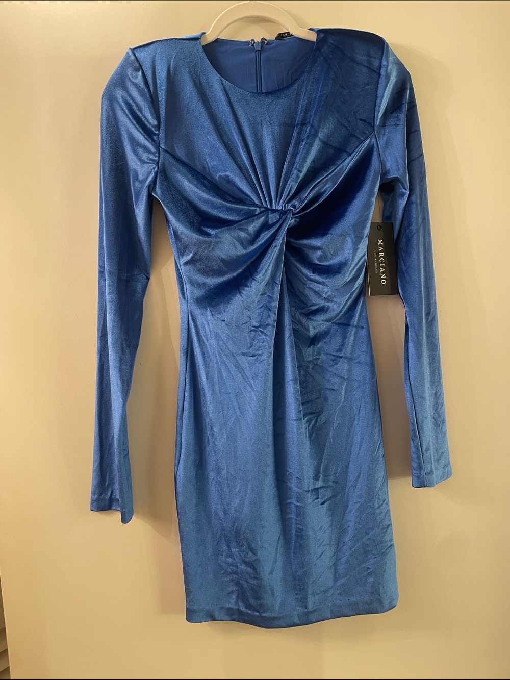 Marciano Lustrous Royal Blue Twist-Front Long Sleeve Dress